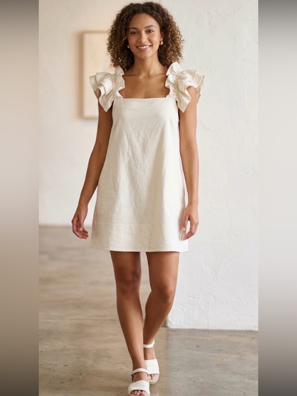 Free People Beach Ruffled Sleeve Dress in cream w pockets